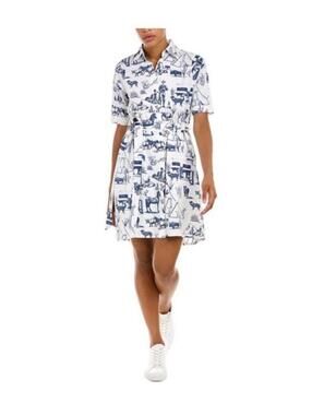Katie Kime Marfa Print Toile Shirt Dress in Blue and White, Size Xs H96